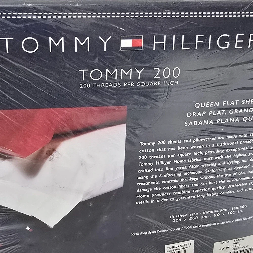 Vintage 90s Tommy Hilfiger Sky‎ Blue Queen Flat Sheet Cotton New